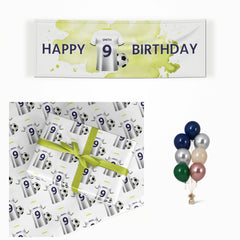 White Football Shirt Personalised matching wrapped gifts, banner and balloon bunch