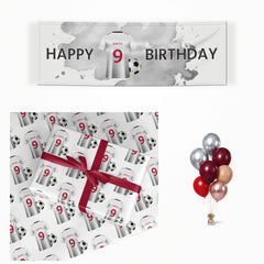 White Football Shirt Personalised Name matching wrapped gifts, banner and balloon bunch