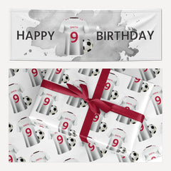 White Football Shirt Personalised Name matching wrapping paper and banner set