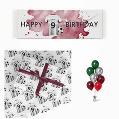 White Red Personalised Football Shirt matching wrapped gifts, banner and balloon bunch