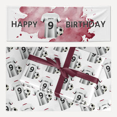 White Red Personalised Football Shirt matching wrapping paper and banner set