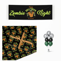 Zombie matching wrapped gifts, banner and balloon bunch