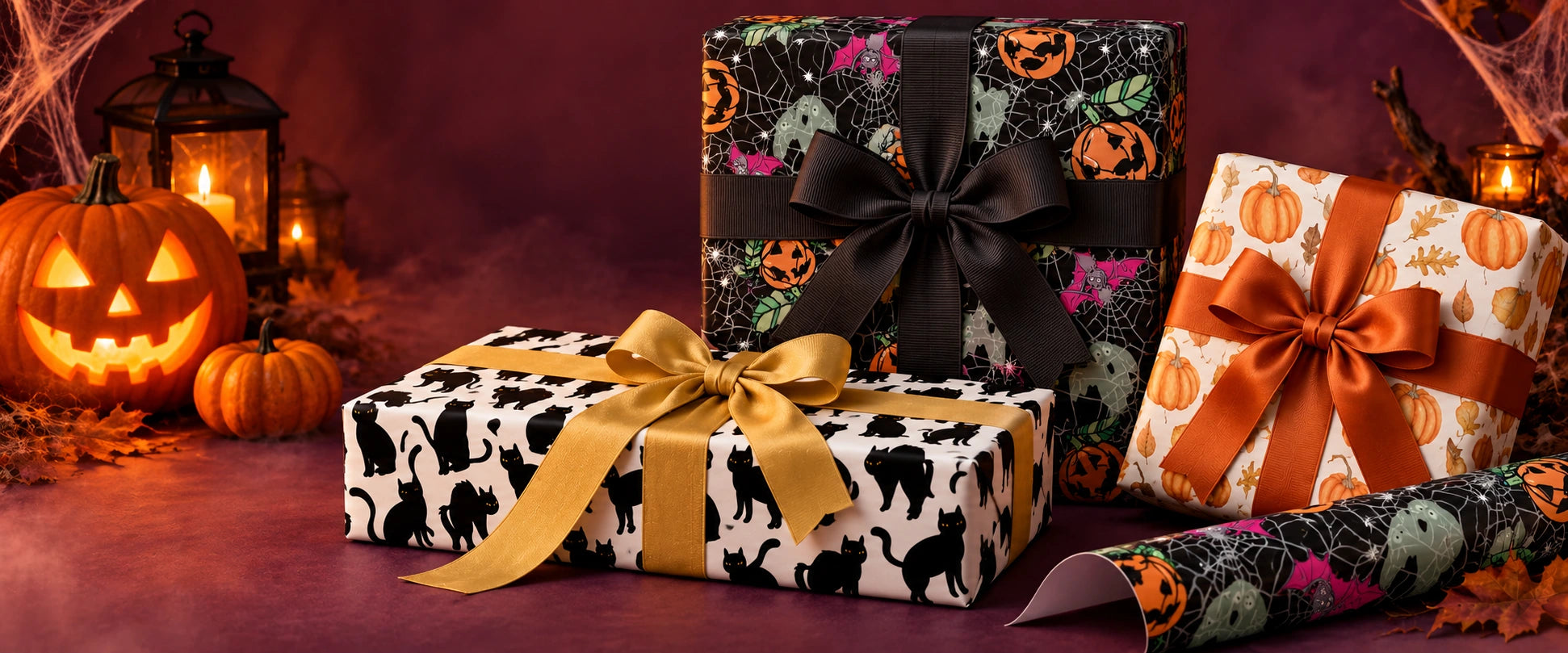 Dyefor Black Cat, Halloween Cobwebs and Autumn Pumpkins wrapping paper styled with bows, glowing pumpkins and cobwebs