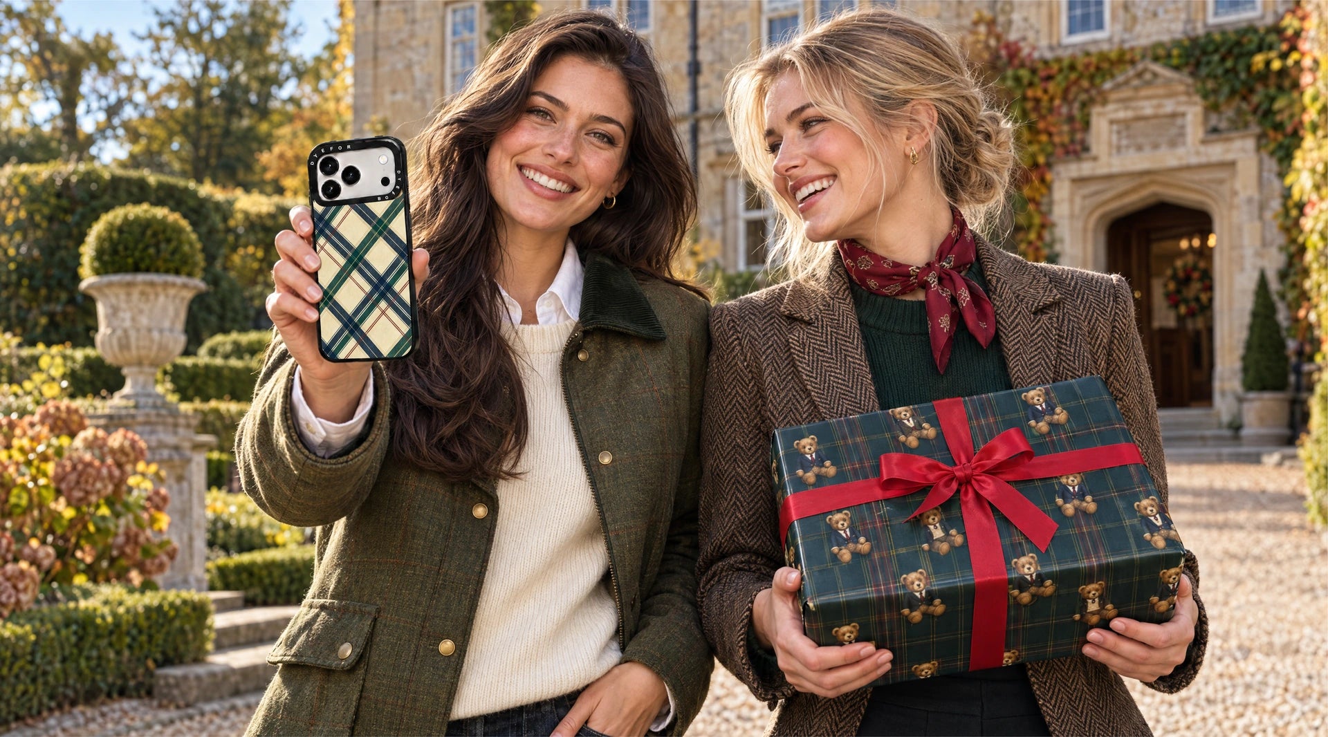 Two women holding a Heritage Club Plaid case and a Teddy Traditions wrapped gift outside a country manor