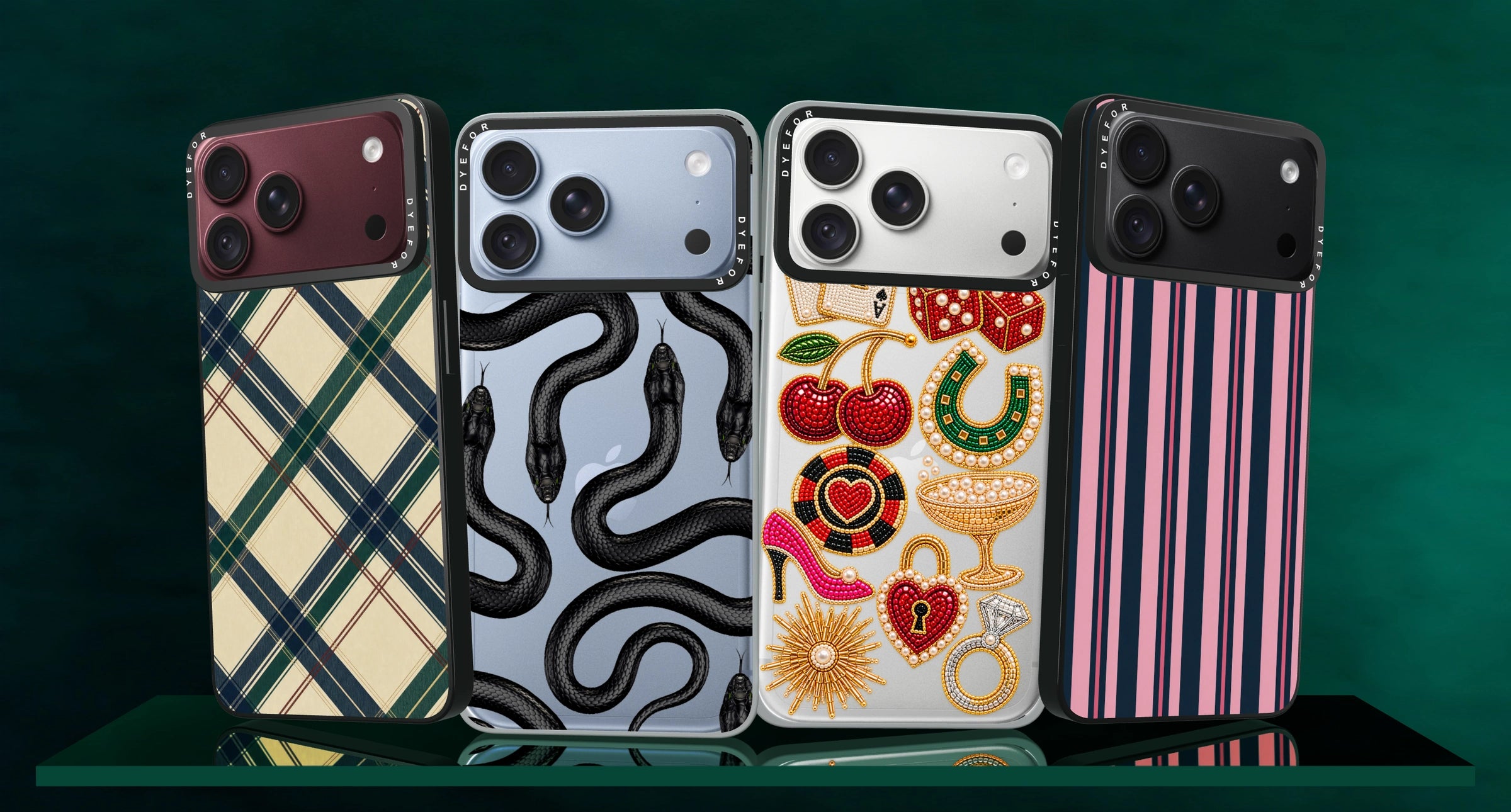 Four Dyefor cases on Burgundy, Glacier, Silver and Black phones: Heritage Club Plaid, transparent Snake Pattern and Vegas After Dark cases, and Midnight Candy