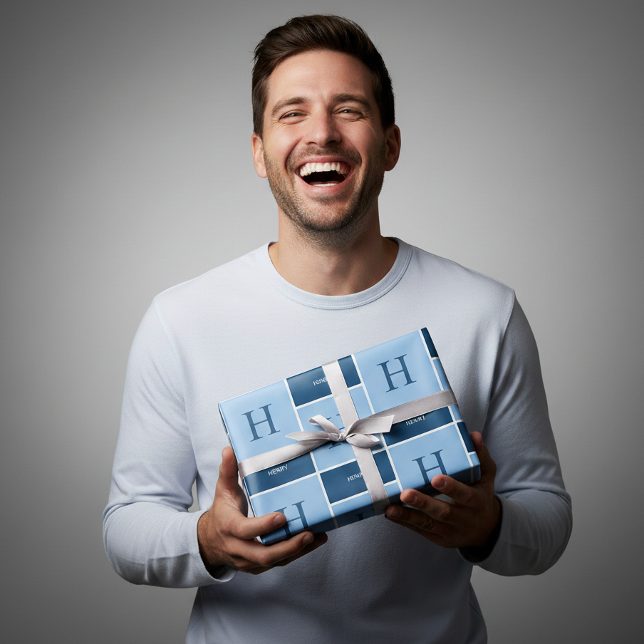 Man holding a blue gift box with a bow against a gray background
