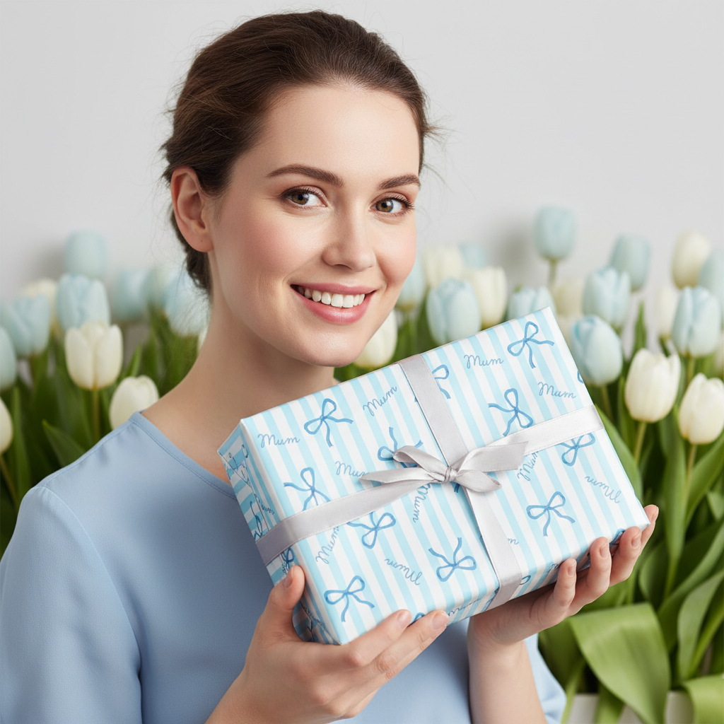 Blue Bow Mum Stripe Mothers Day Wrapping Paper