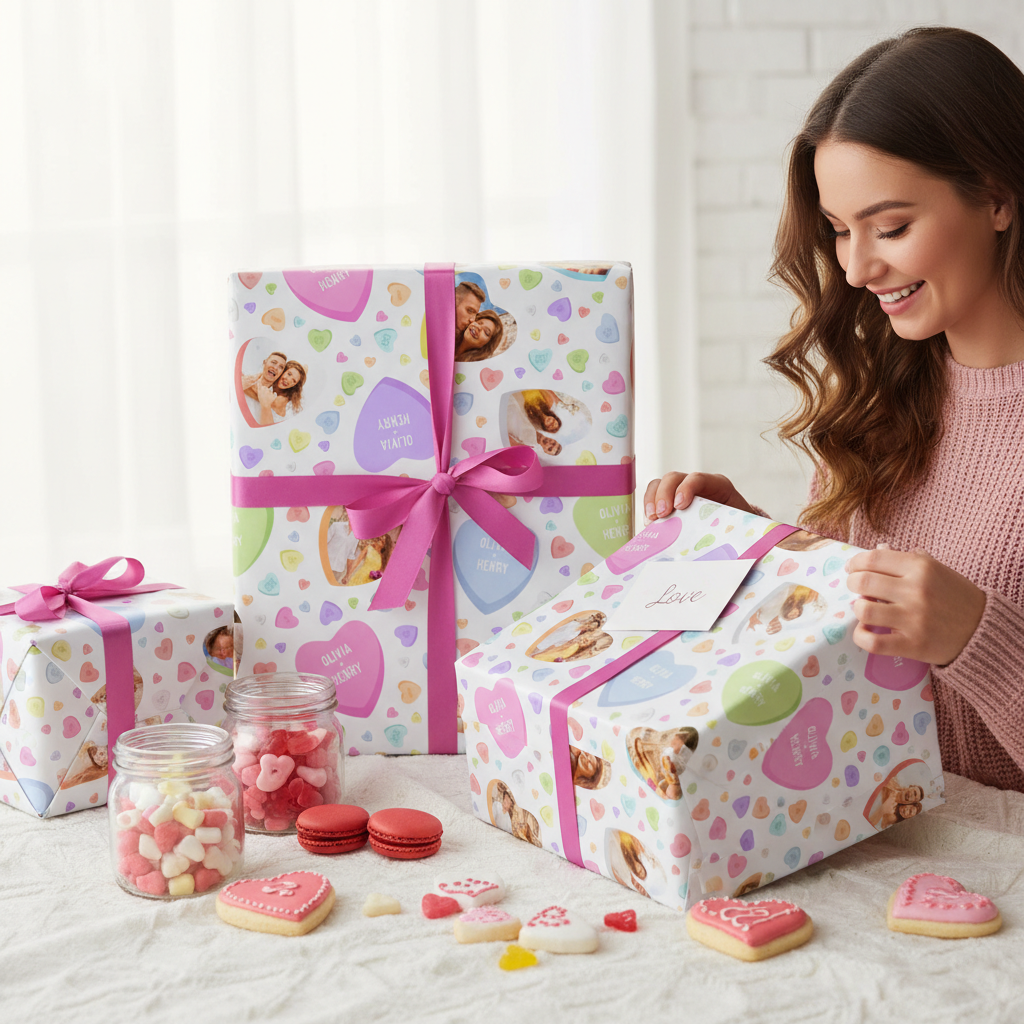 Personalised Couple Names and Photo Heart Pattern Design Wrapping Paper