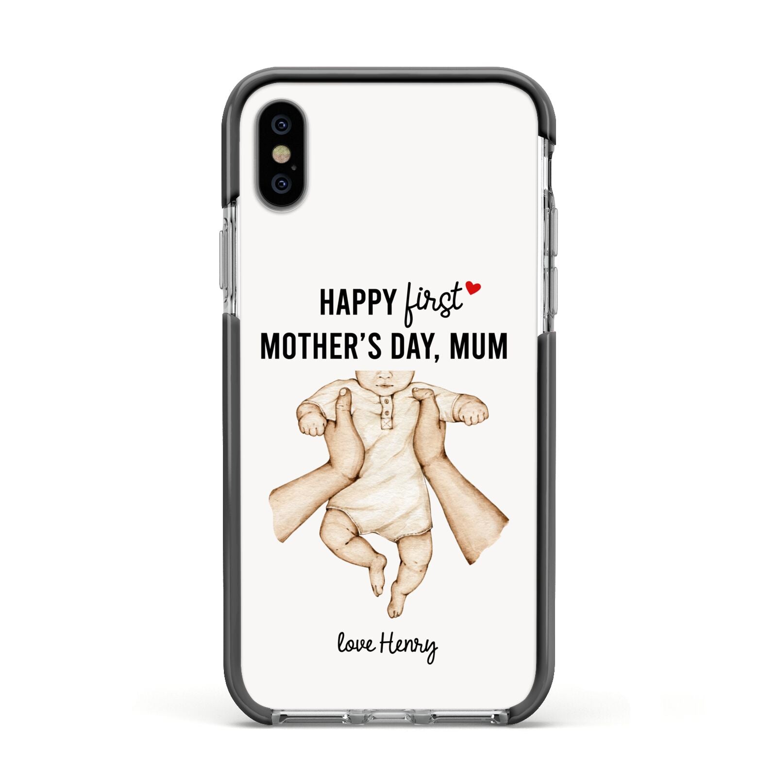 1st Mothers Day Baby Apple iPhone Xs Impact Case Black Edge on Silver Phone