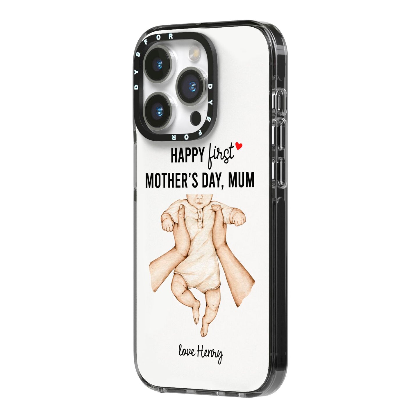 1st Mothers Day Baby iPhone 14 Pro Black Impact Case Side Angle on Silver phone