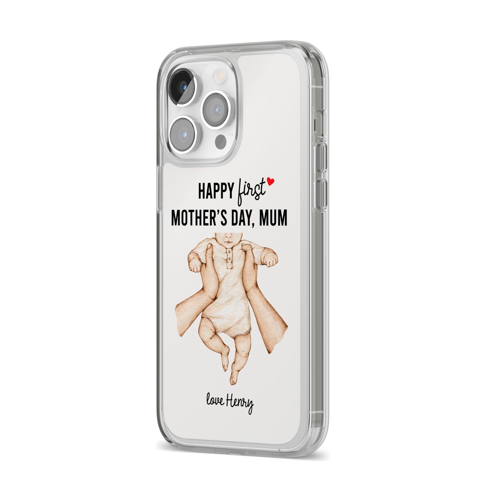 1st Mothers Day Baby iPhone 14 Pro Max Clear Tough Case Silver Angled Image