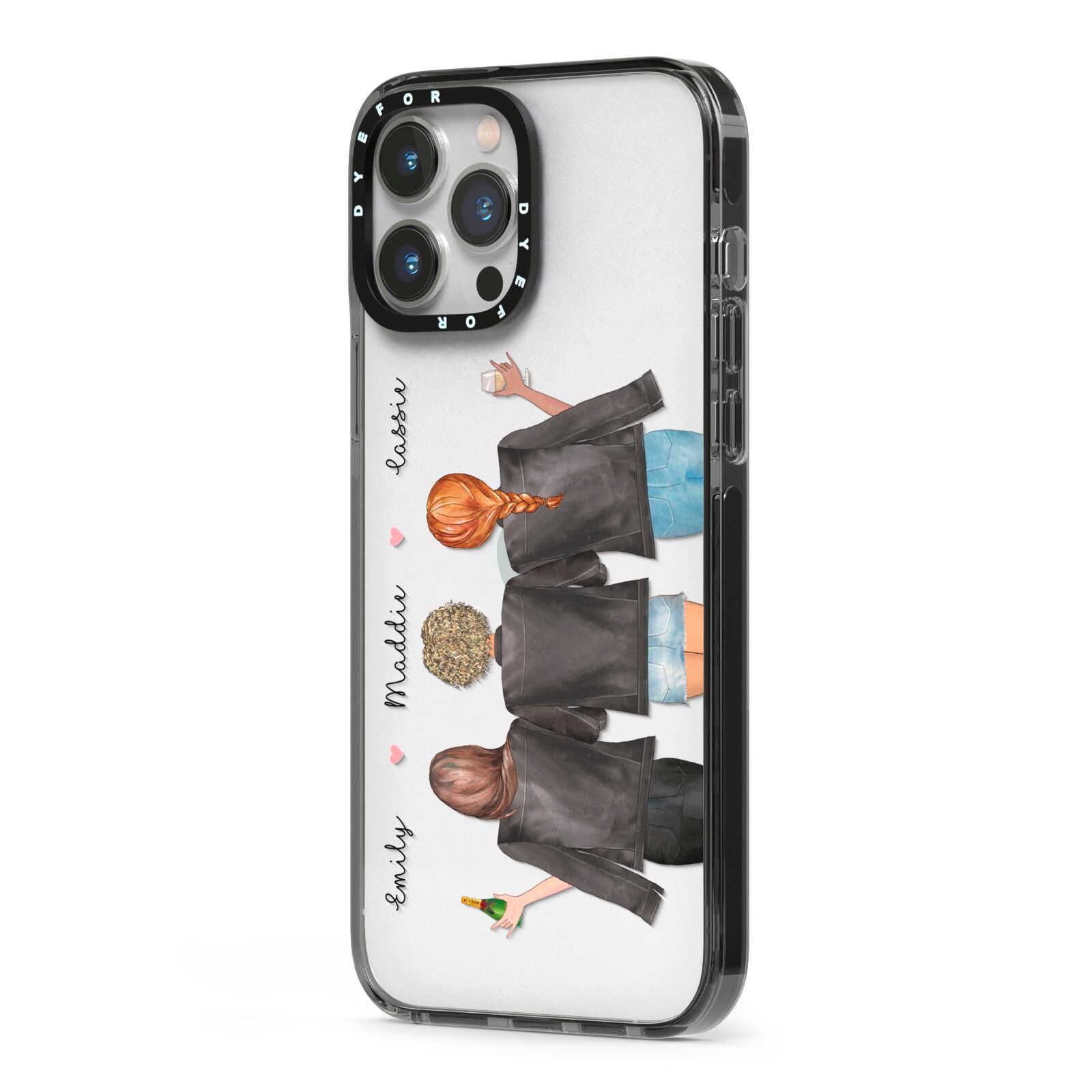 3 Best Friends with Names iPhone 13 Pro Max Black Impact Case Side Angle on Silver phone