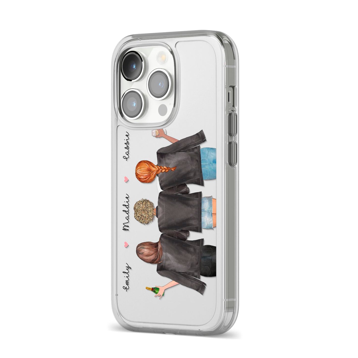 3 Best Friends with Names iPhone 14 Pro Clear Tough Case Silver Angled Image