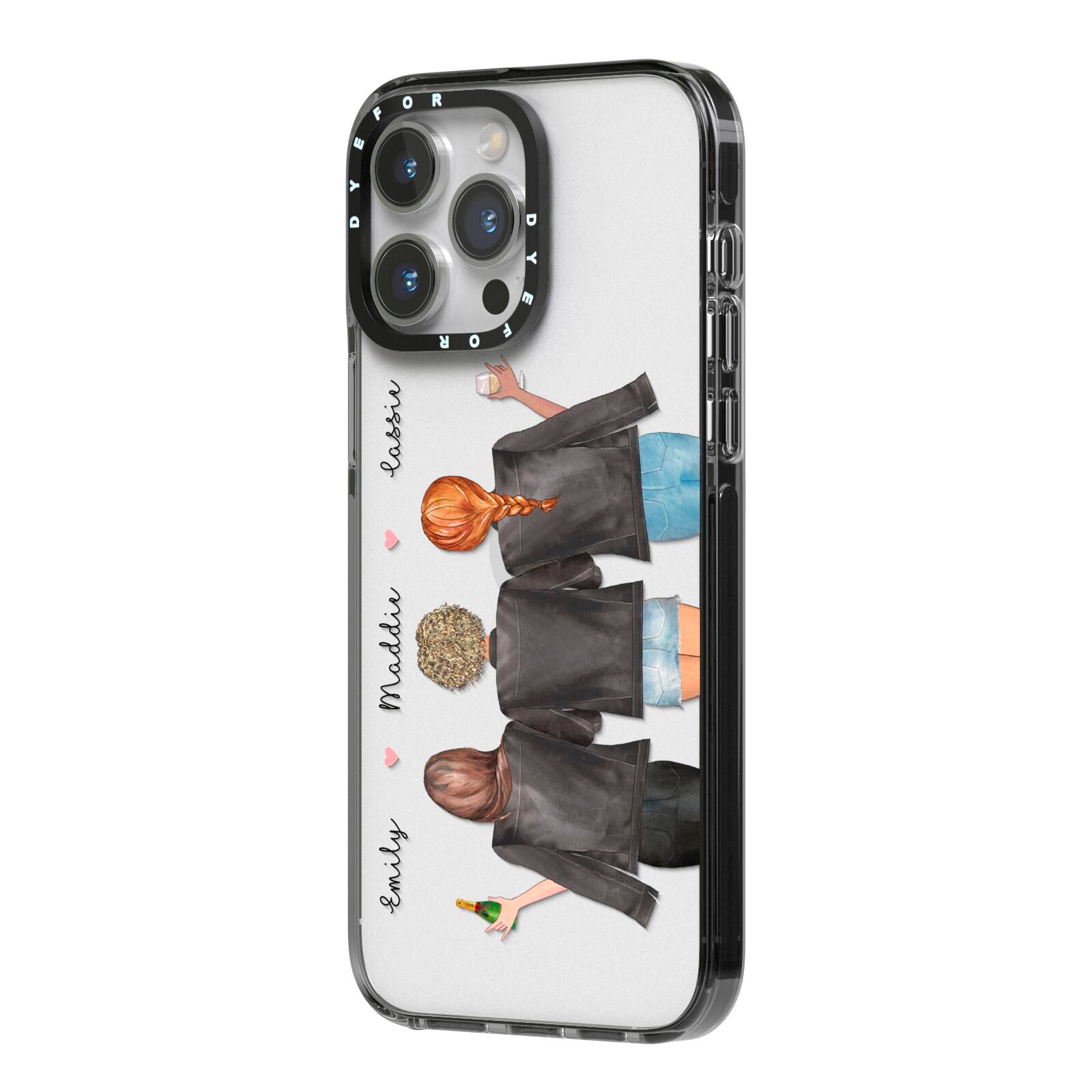 3 Best Friends with Names iPhone 14 Pro Max Black Impact Case Side Angle on Silver phone