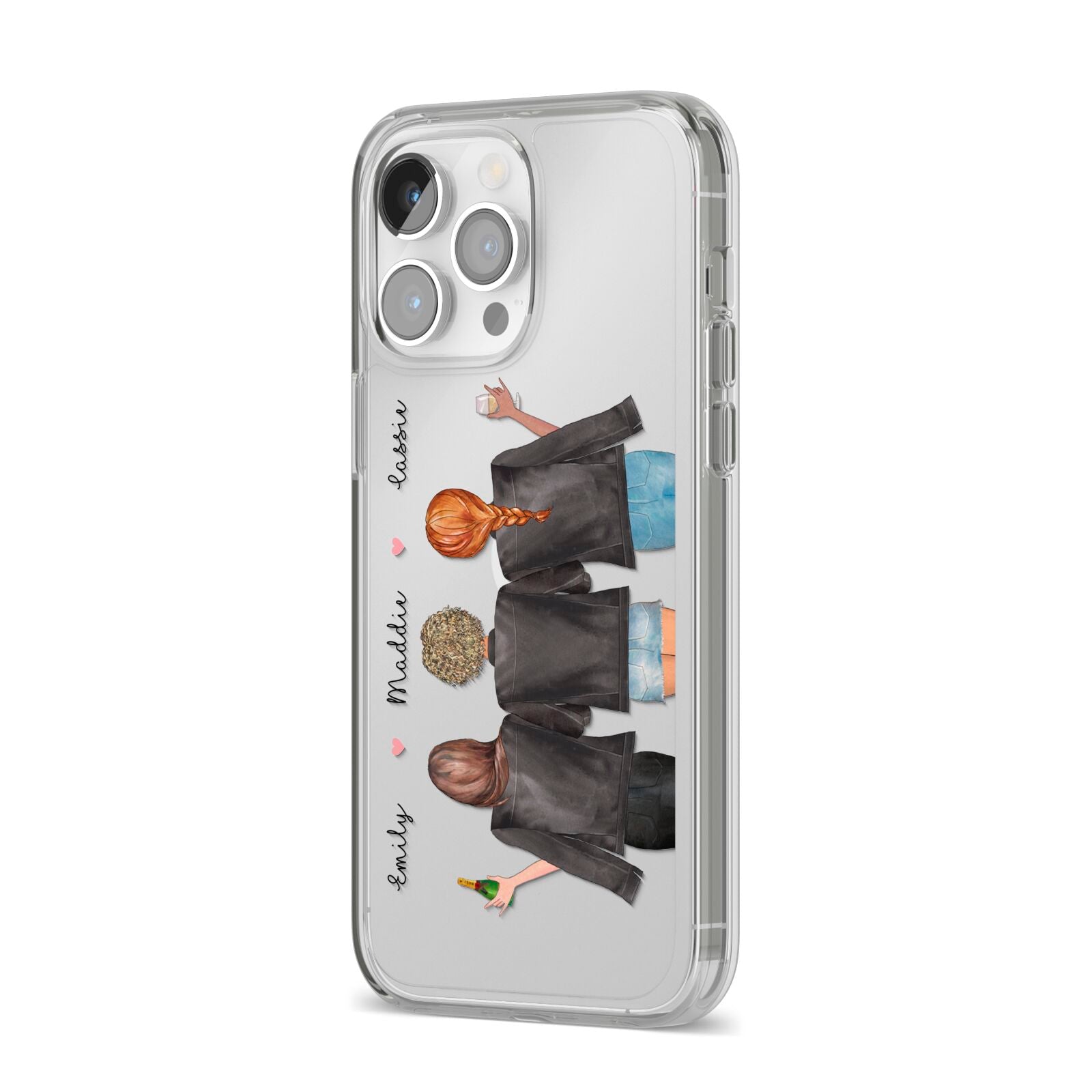 3 Best Friends with Names iPhone 14 Pro Max Clear Tough Case Silver Angled Image