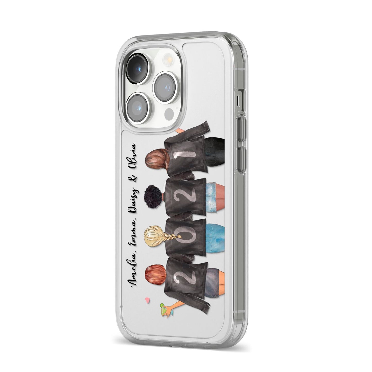 4 Best Friends with Names iPhone 14 Pro Clear Tough Case Silver Angled Image