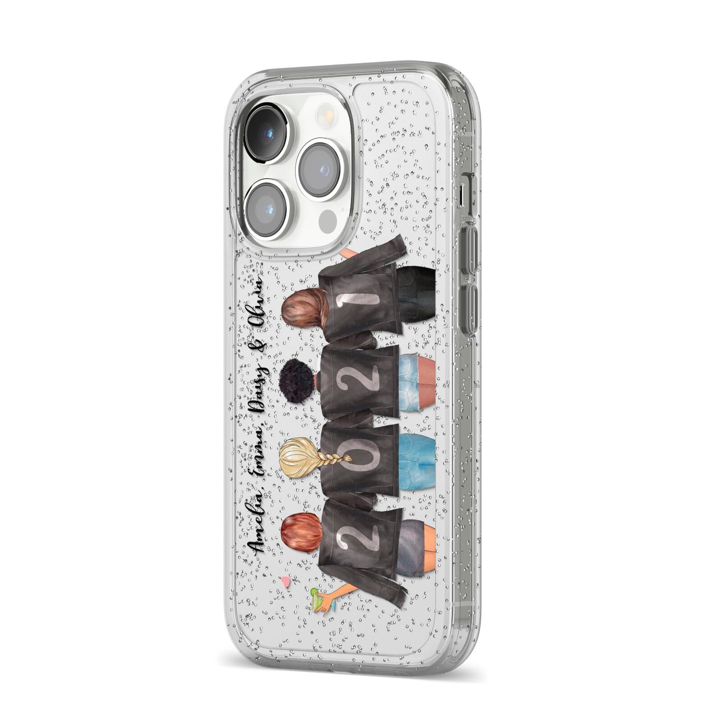 4 Best Friends with Names iPhone 14 Pro Glitter Tough Case Silver Angled Image