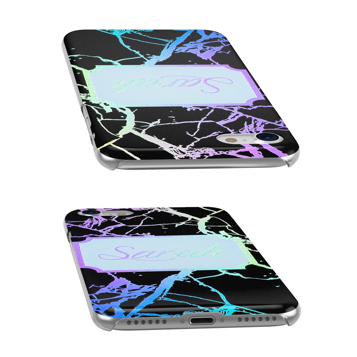 Holographic Marble Black Personalised Apple iPhone Case Ports cutout