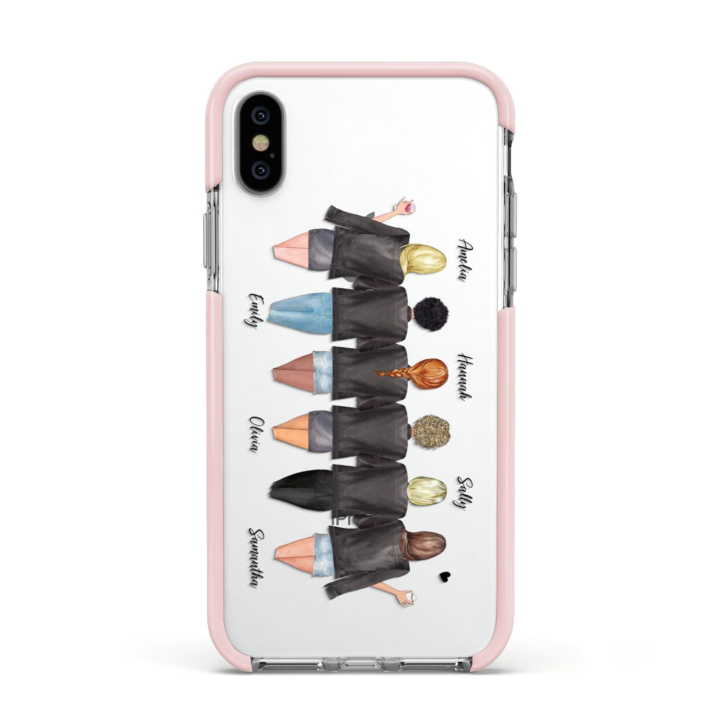 6 Best Friends with Names Apple iPhone Xs Impact Case Pink Edge on Silver Phone