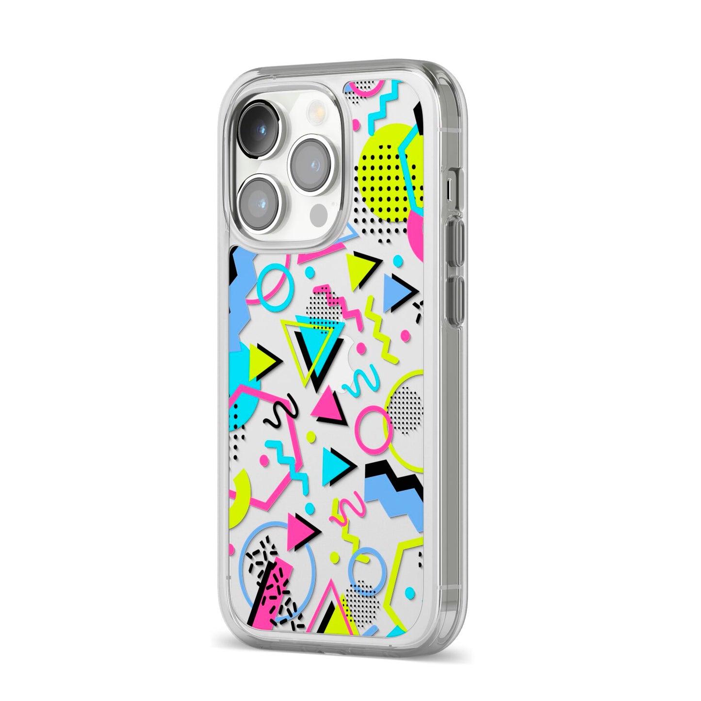80s Retro iPhone 14 Pro Clear Tough Case Silver Angled Image