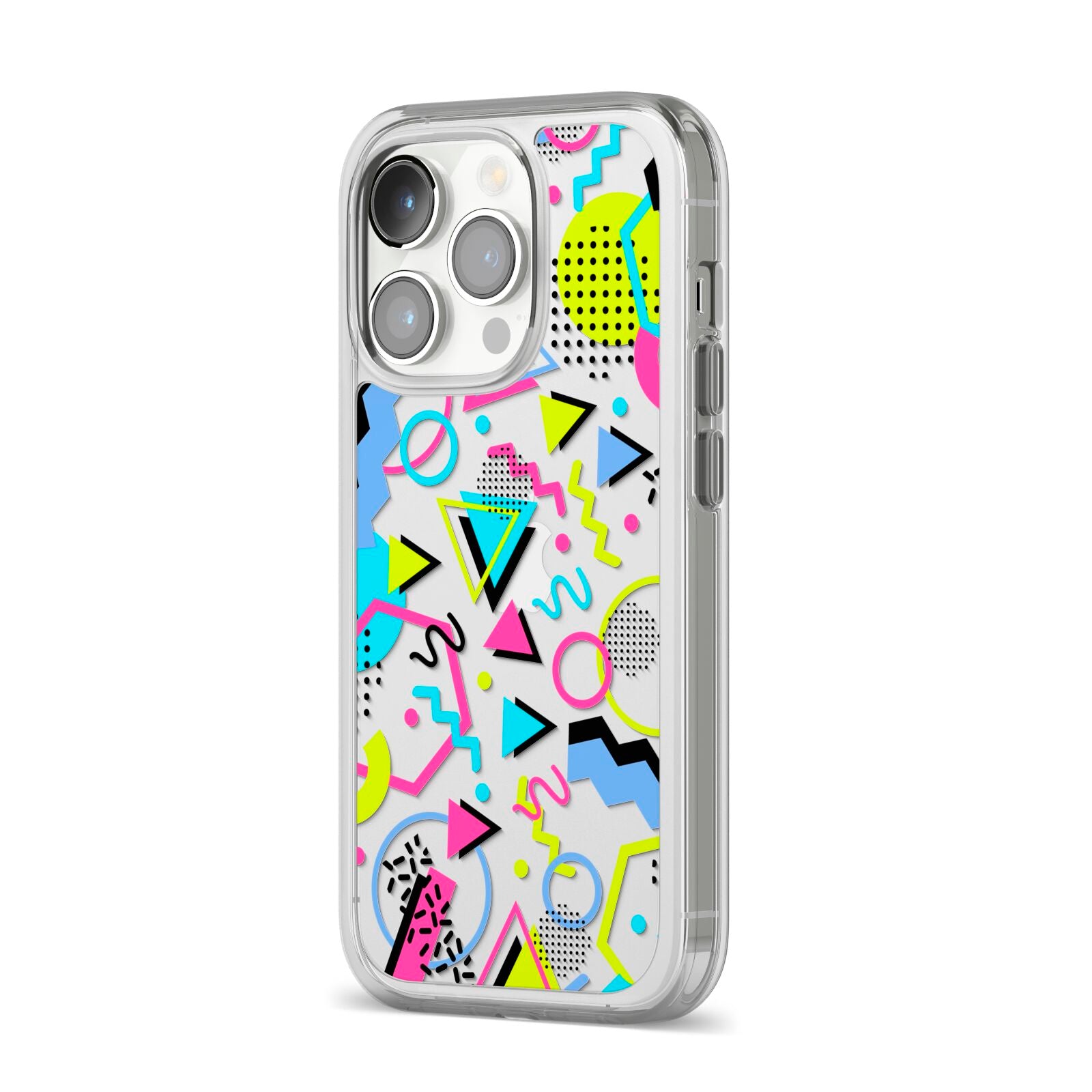 80s Retro iPhone 14 Pro Clear Tough Case Silver Angled Image