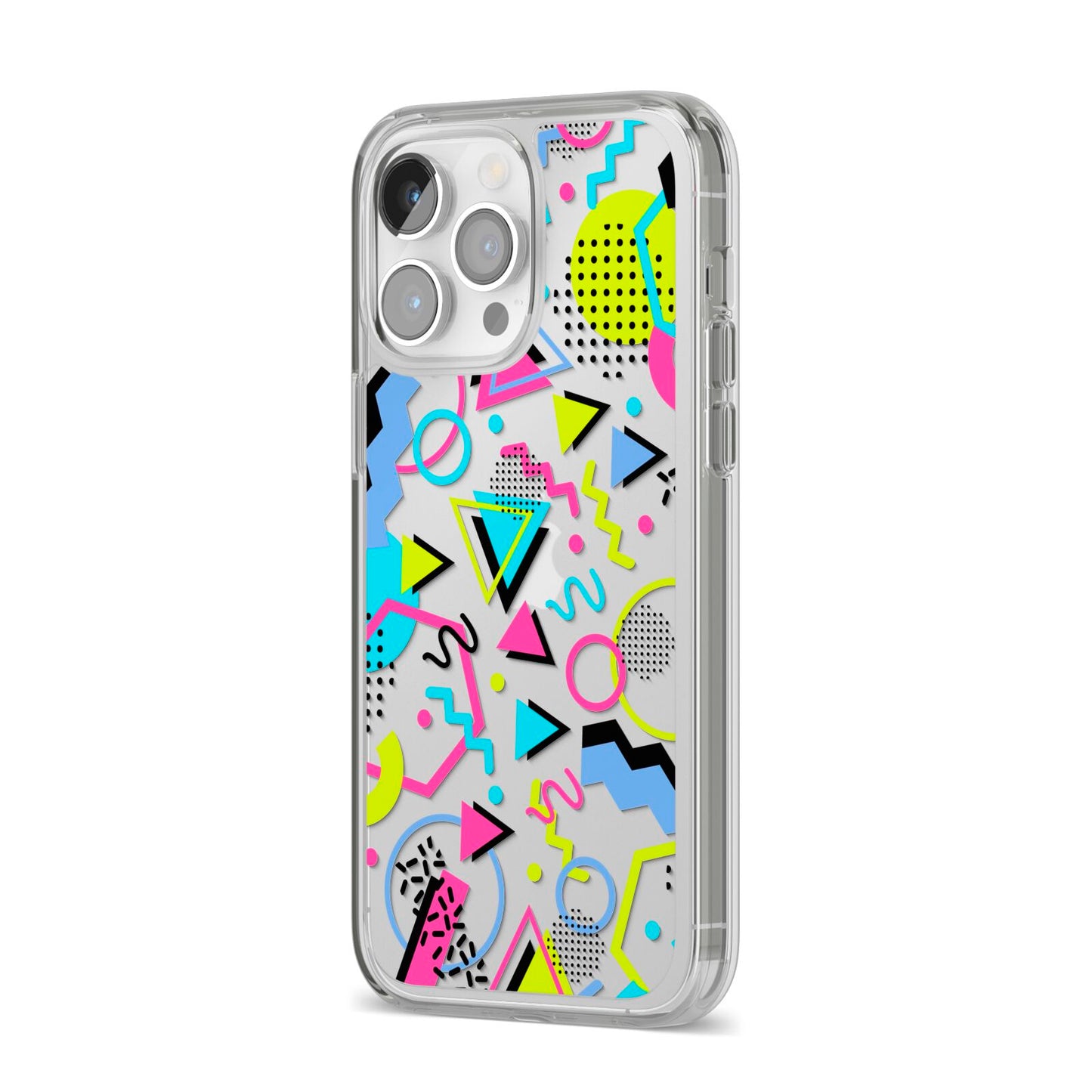 80s Retro iPhone 14 Pro Max Clear Tough Case Silver Angled Image