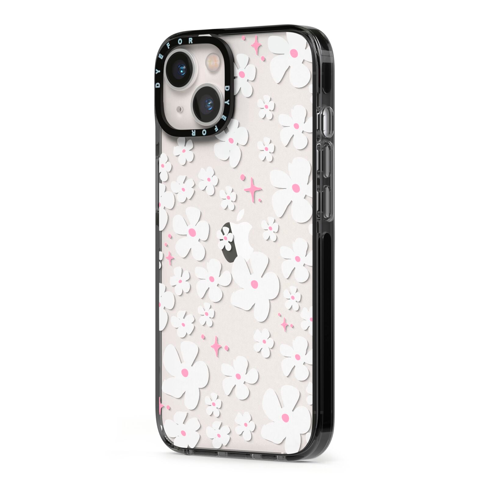 Abstract Daisy iPhone 13 Black Impact Case Side Angle on Silver phone