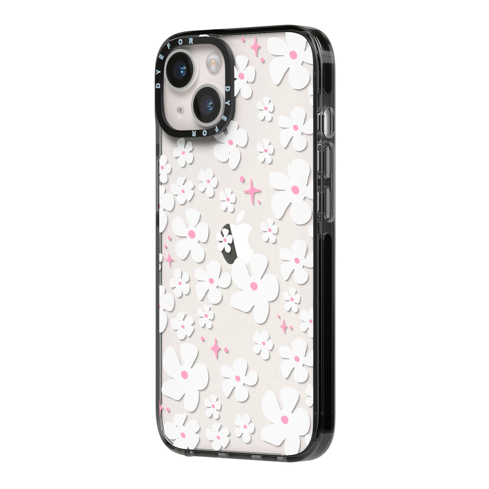 Abstract Daisy iPhone 14 Black Impact Case Side Angle on Silver phone