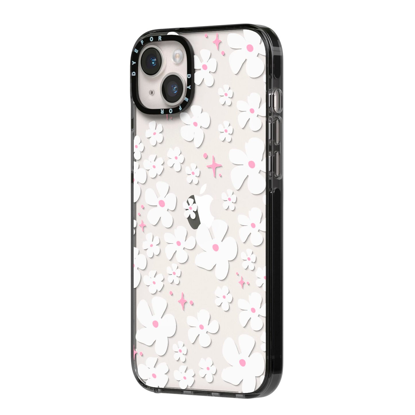 Abstract Daisy iPhone 14 Plus Black Impact Case Side Angle on Silver phone