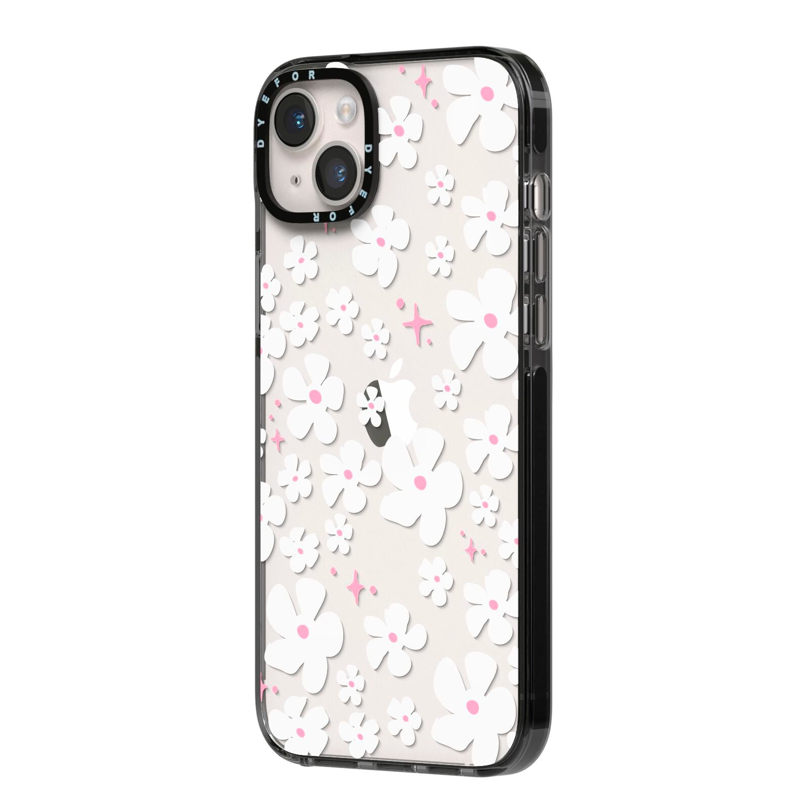 Abstract Daisy iPhone 14 Plus Black Impact Case Side Angle on Silver phone