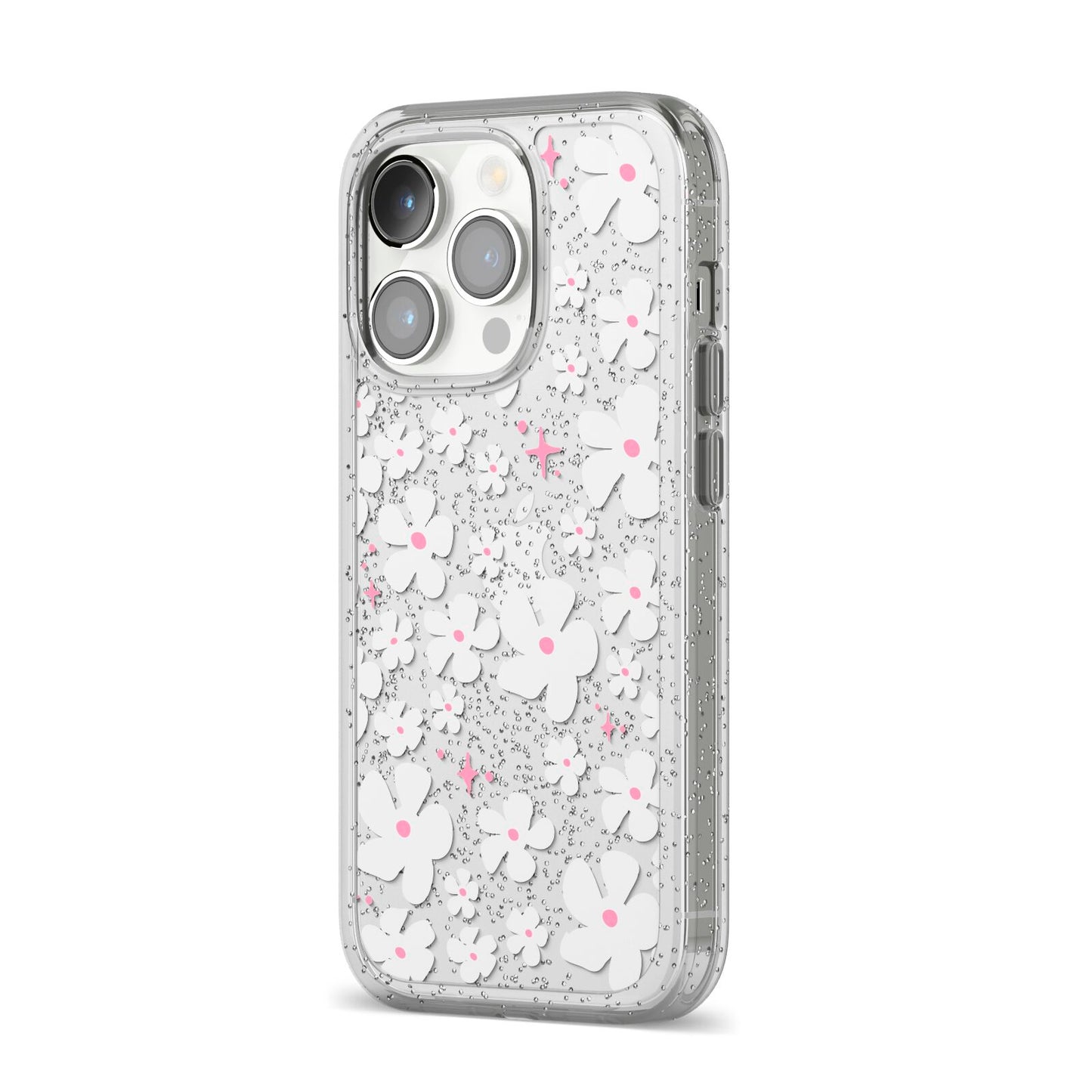 Abstract Daisy iPhone 14 Pro Glitter Tough Case Silver Angled Image