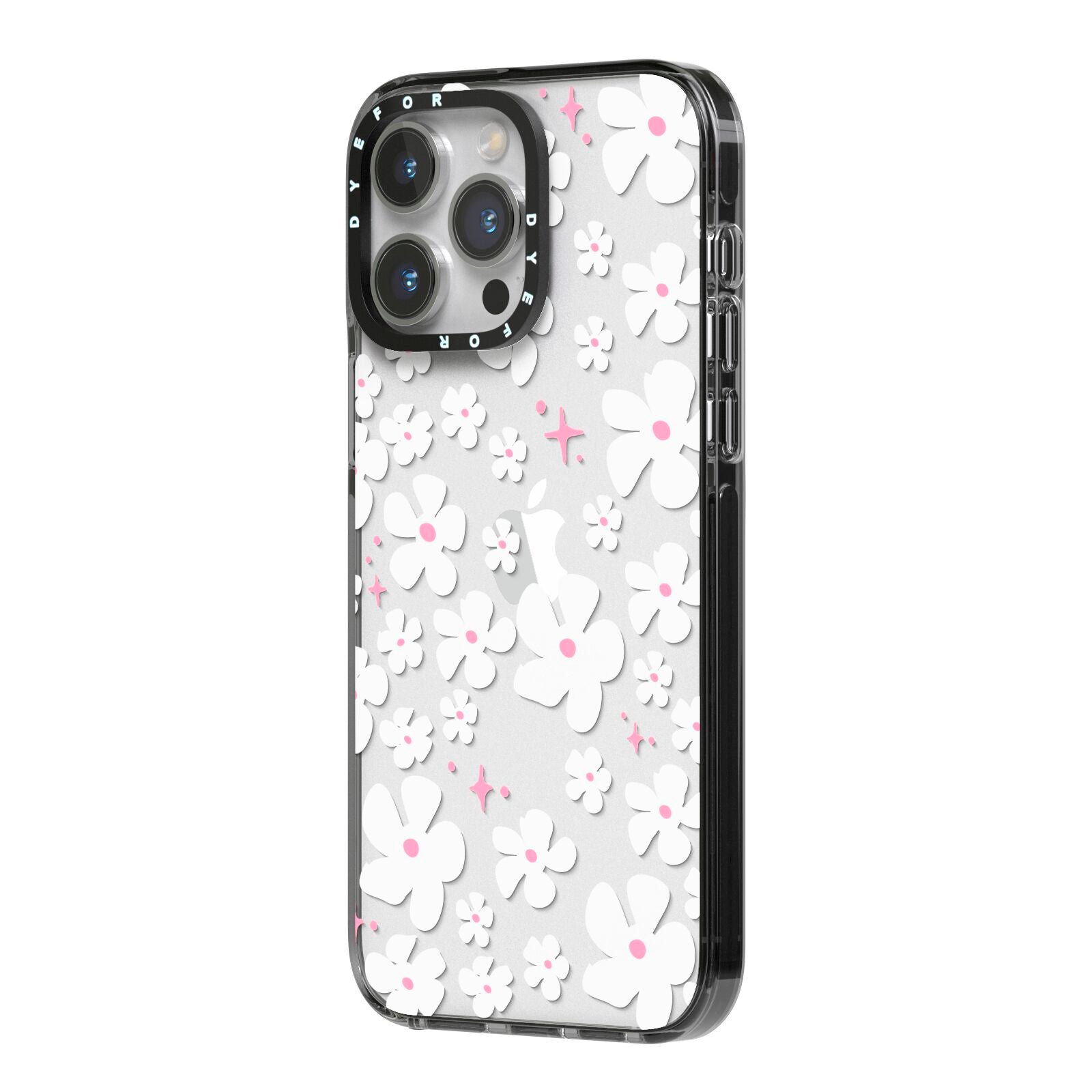 Abstract Daisy iPhone 14 Pro Max Black Impact Case Side Angle on Silver phone