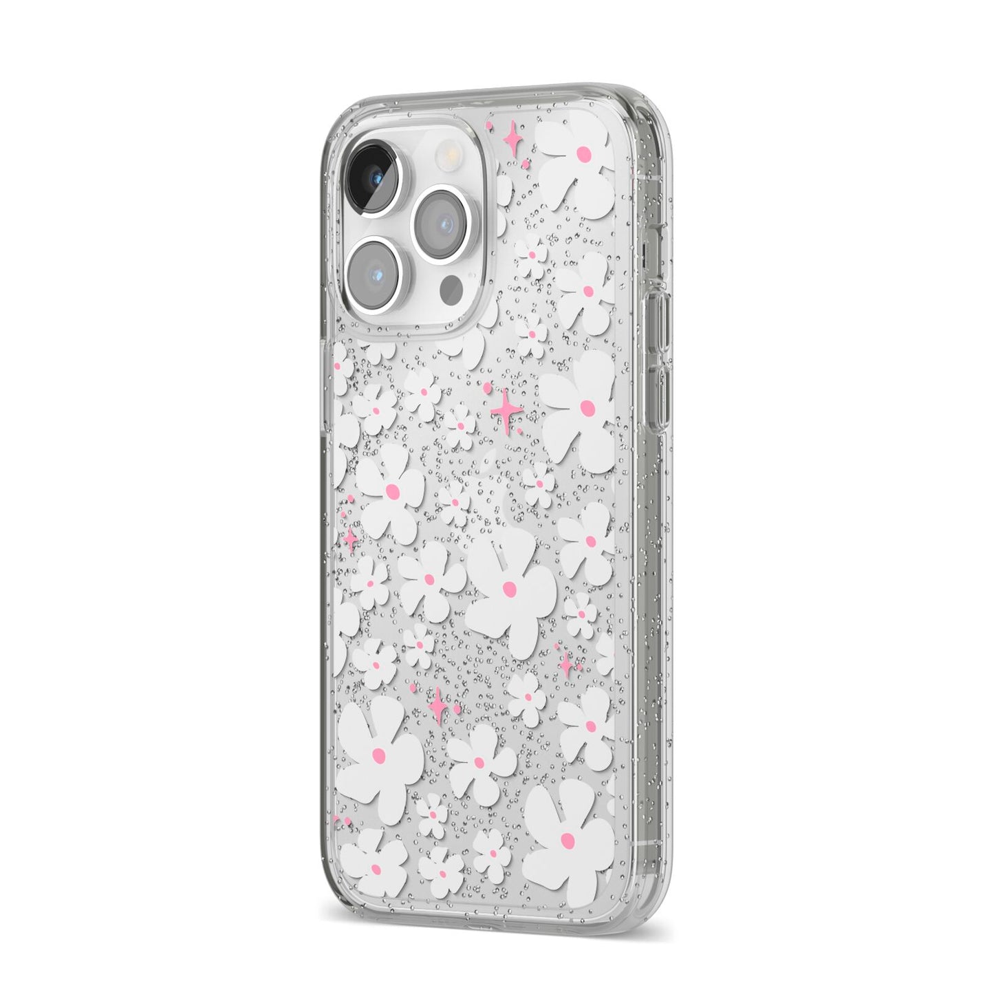 Abstract Daisy iPhone 14 Pro Max Glitter Tough Case Silver Angled Image