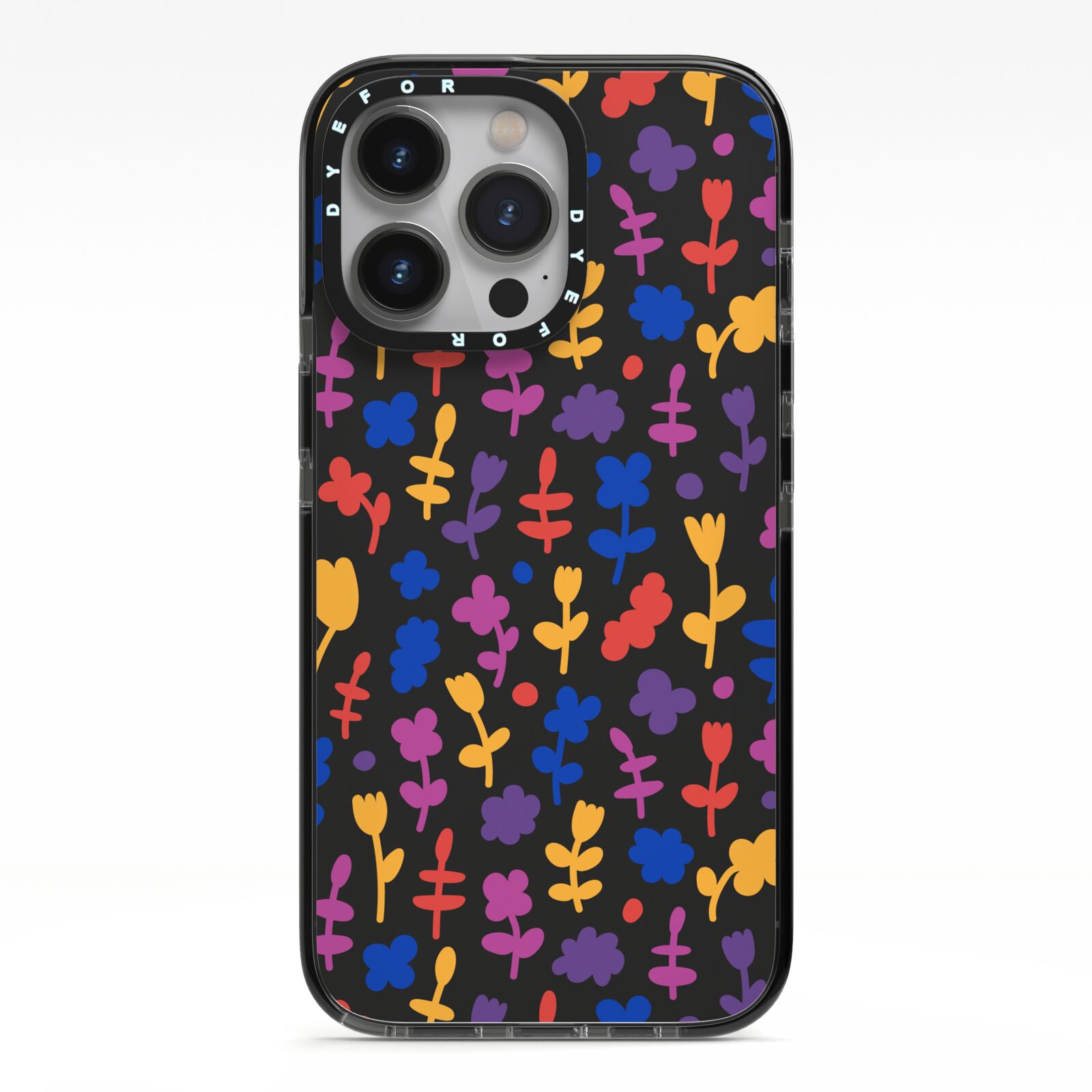 Abstract Floral iPhone 13 Pro Black Impact Case on Silver phone