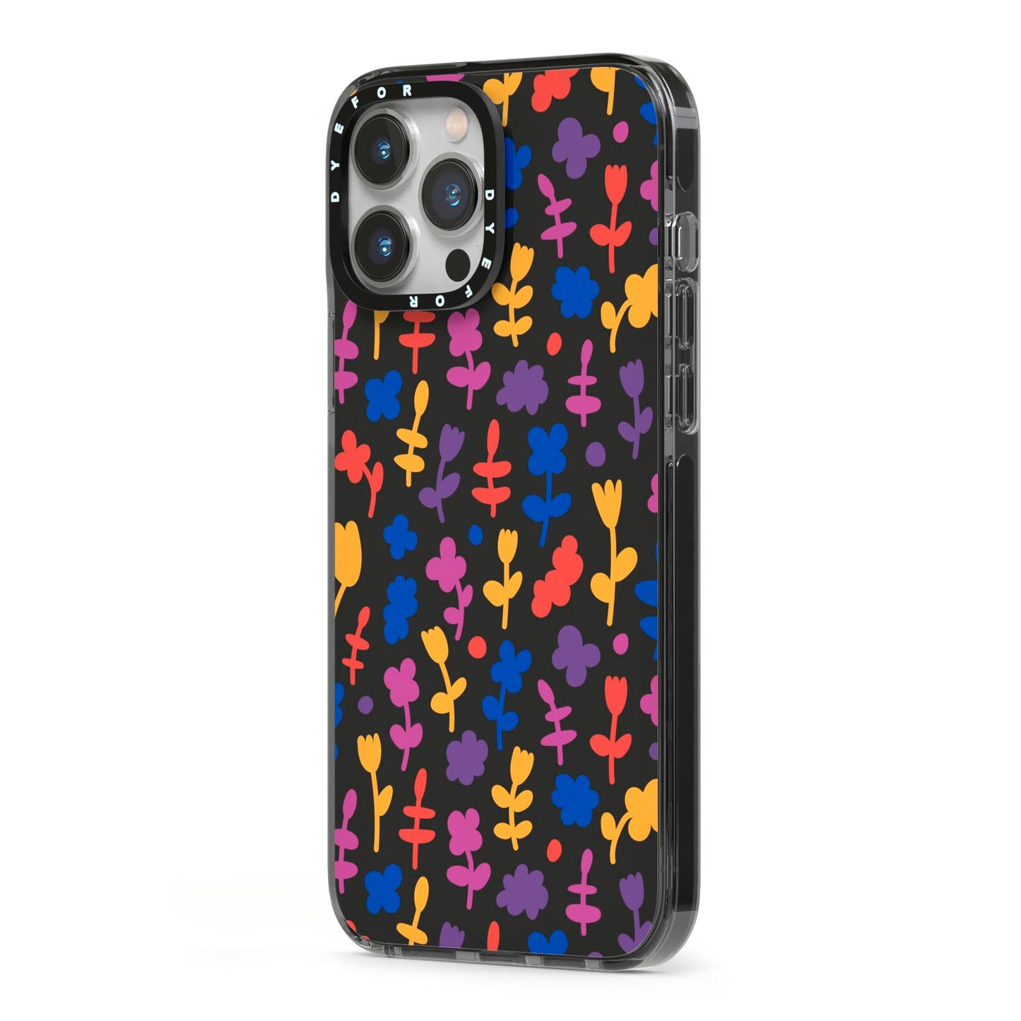 Abstract Floral iPhone 13 Pro Max Black Impact Case Side Angle on Silver phone