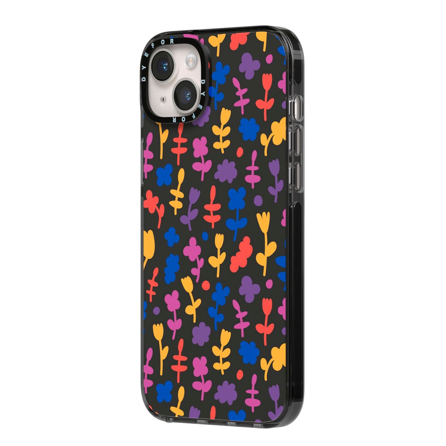 Abstract Floral iPhone 14 Plus Black Impact Case Side Angle on Silver phone