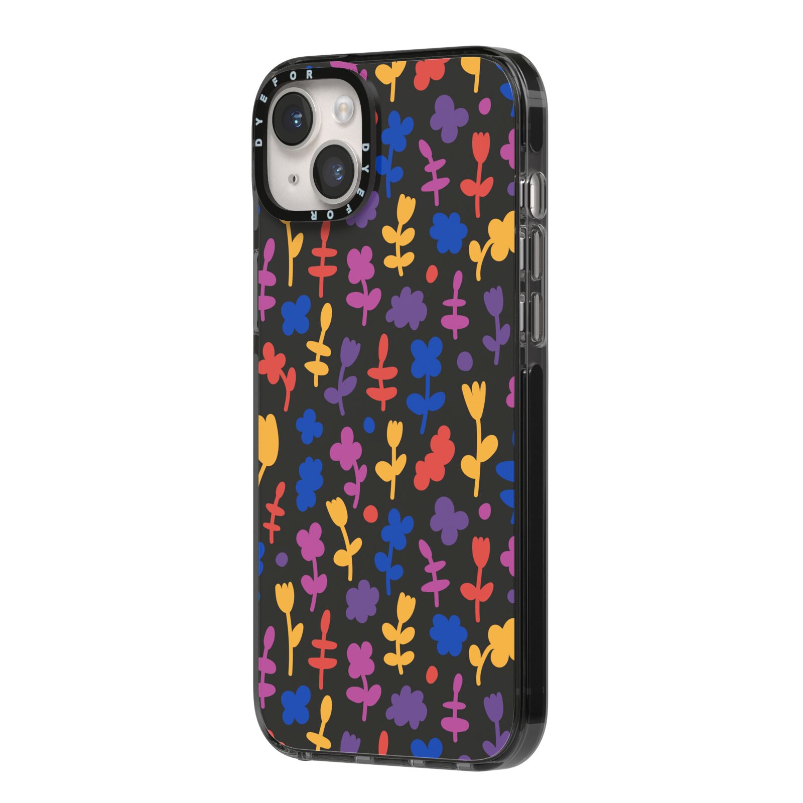 Abstract Floral iPhone 14 Plus Black Impact Case Side Angle on Silver phone