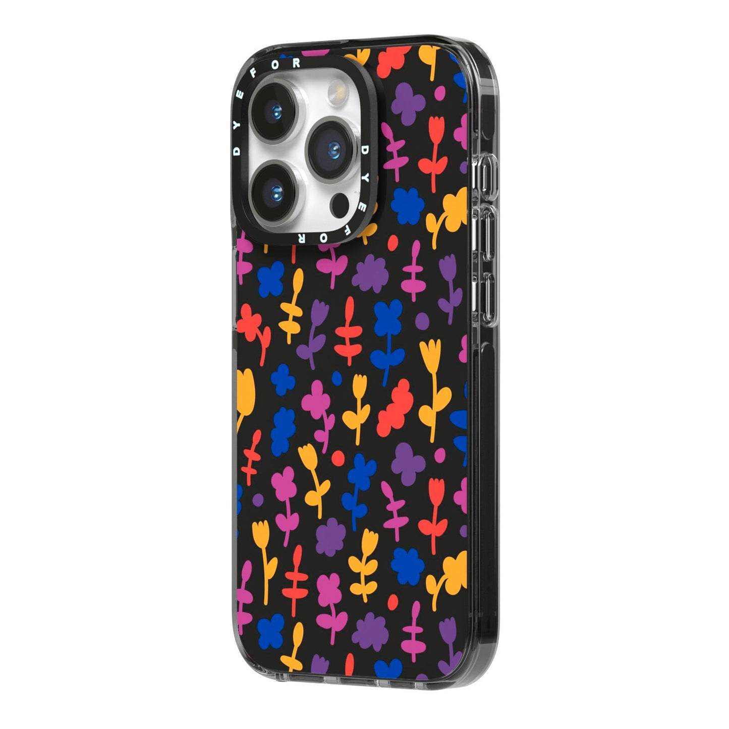 Abstract Floral iPhone 14 Pro Black Impact Case Side Angle on Silver phone