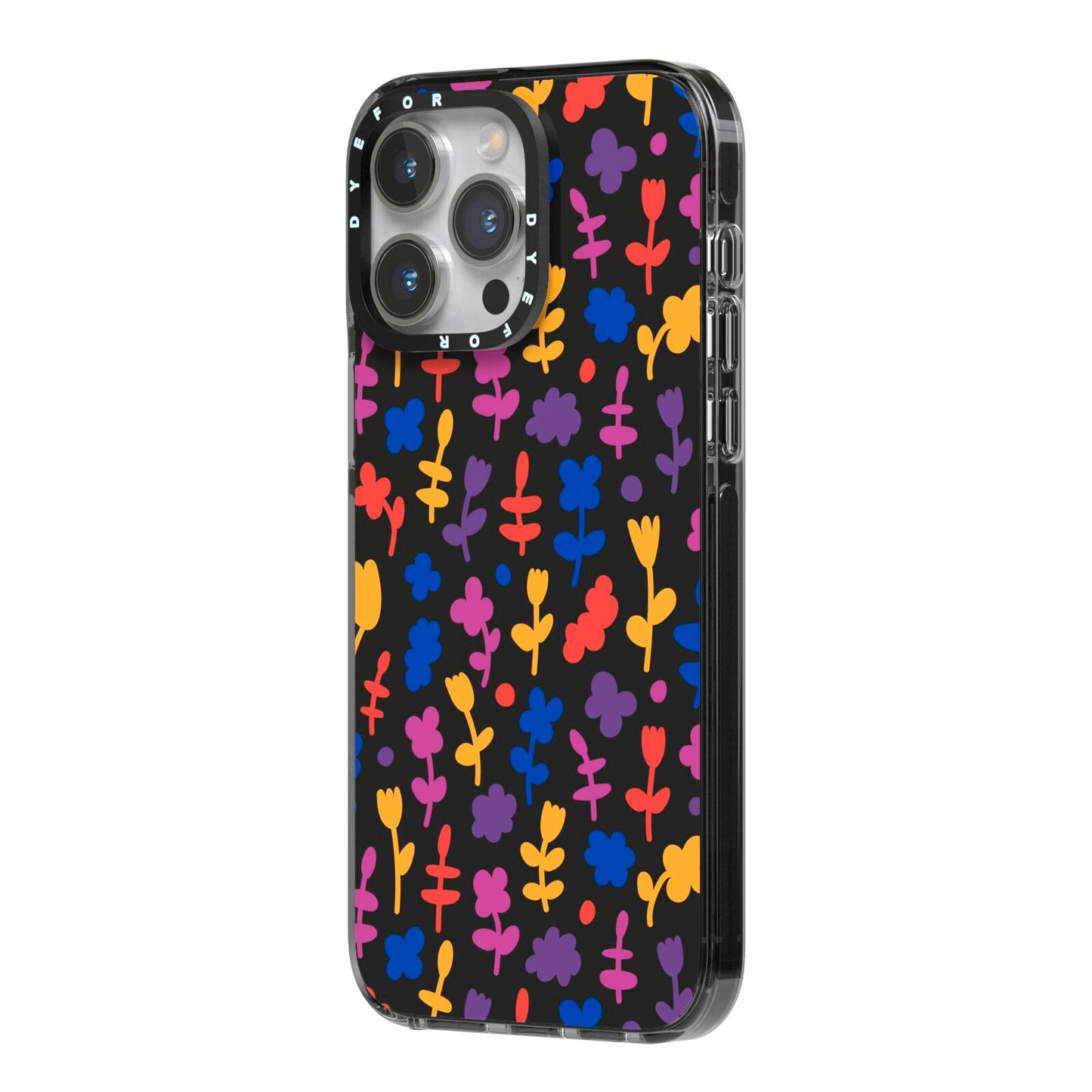 Abstract Floral iPhone 14 Pro Max Black Impact Case Side Angle on Silver phone