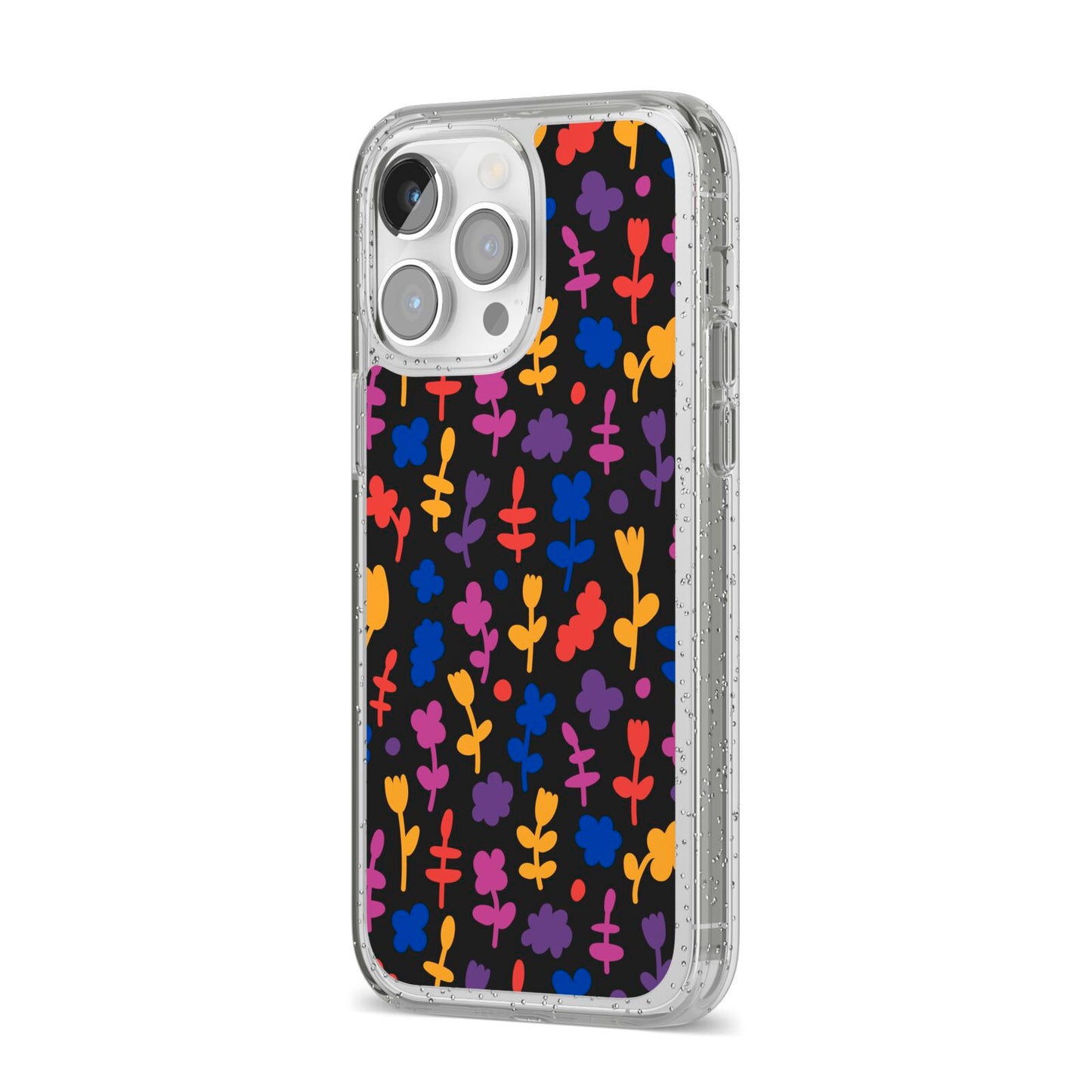Abstract Floral iPhone 14 Pro Max Glitter Tough Case Silver Angled Image
