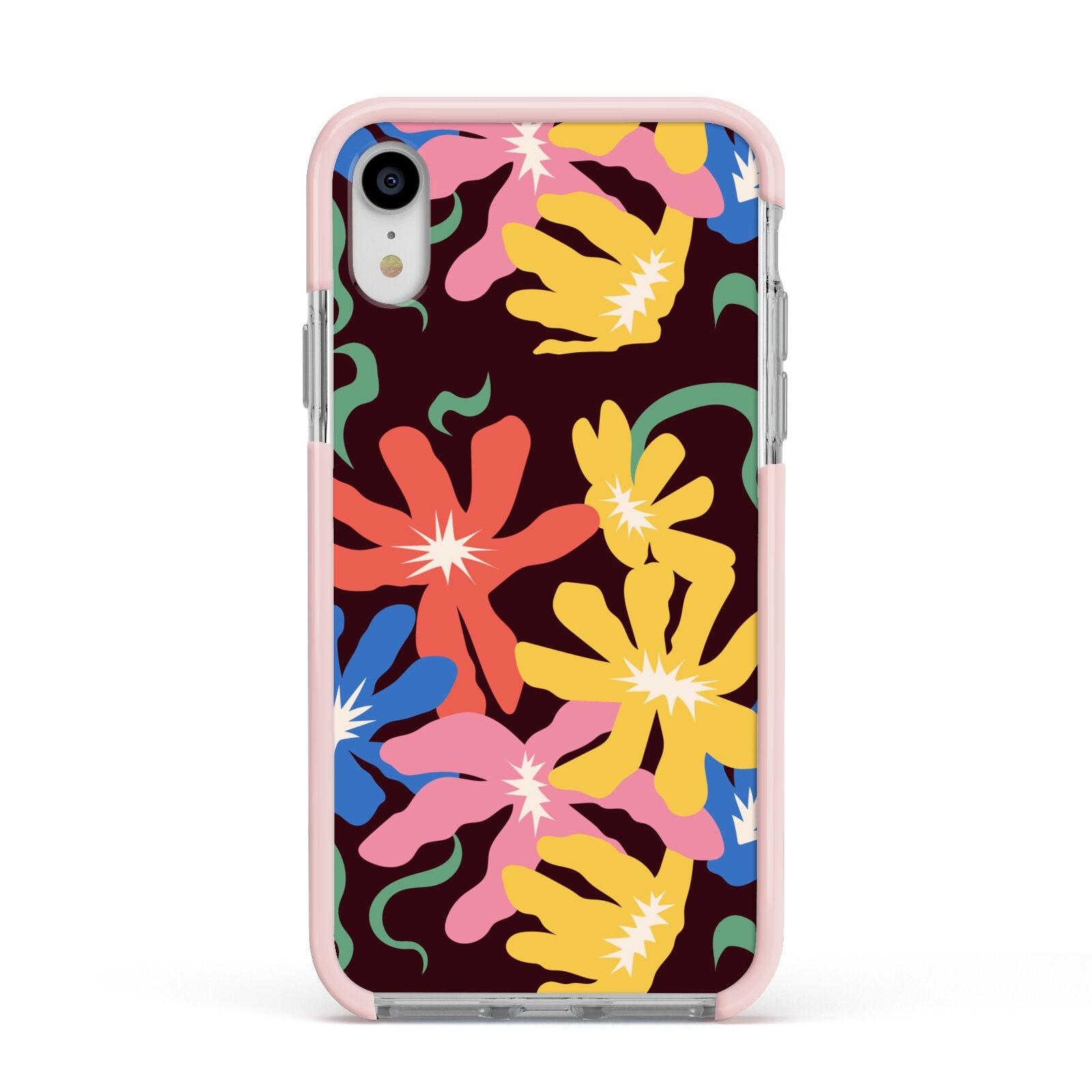 Abstract Flowers Apple iPhone XR Impact Case Pink Edge on Silver Phone