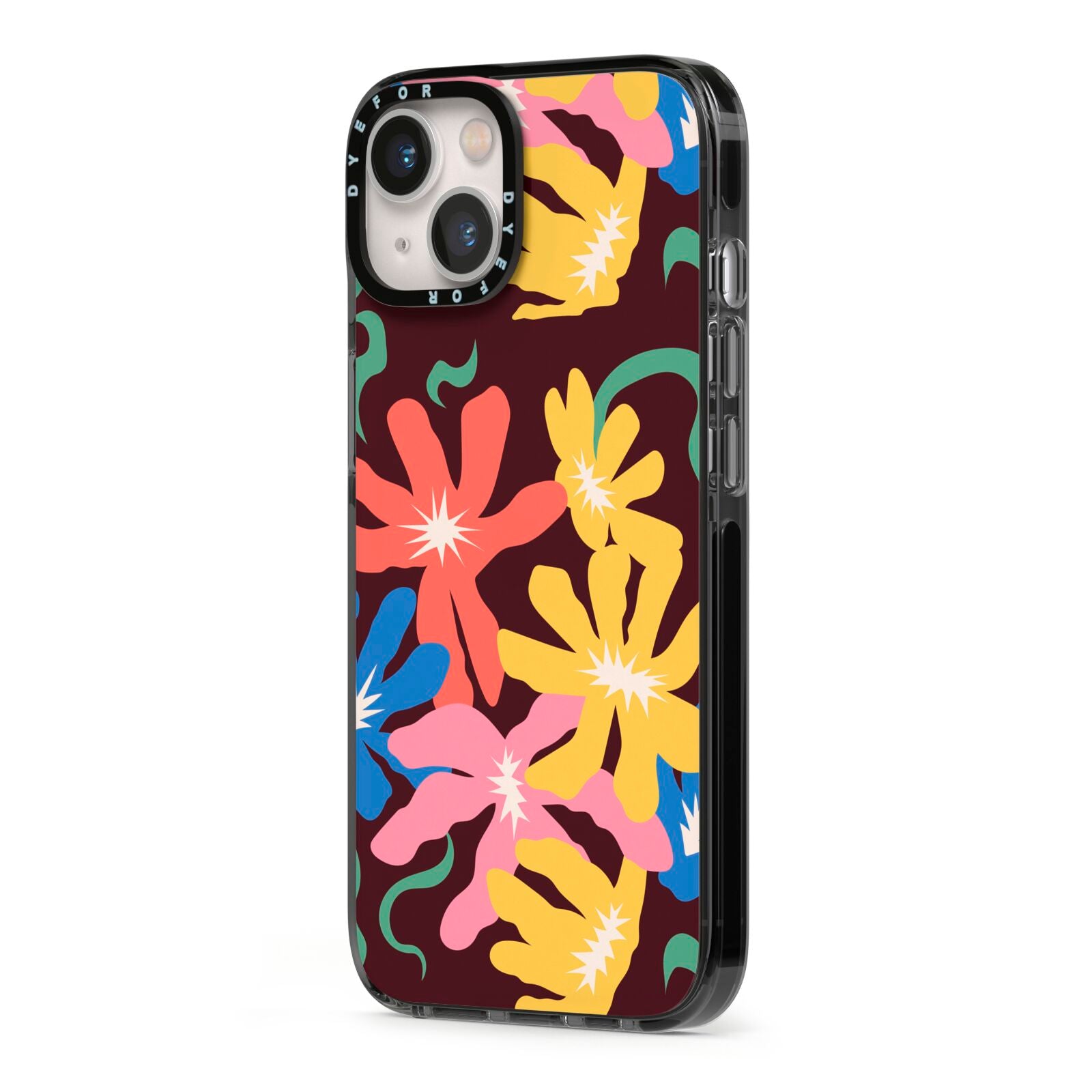 Abstract Flowers iPhone 13 Black Impact Case Side Angle on Silver phone