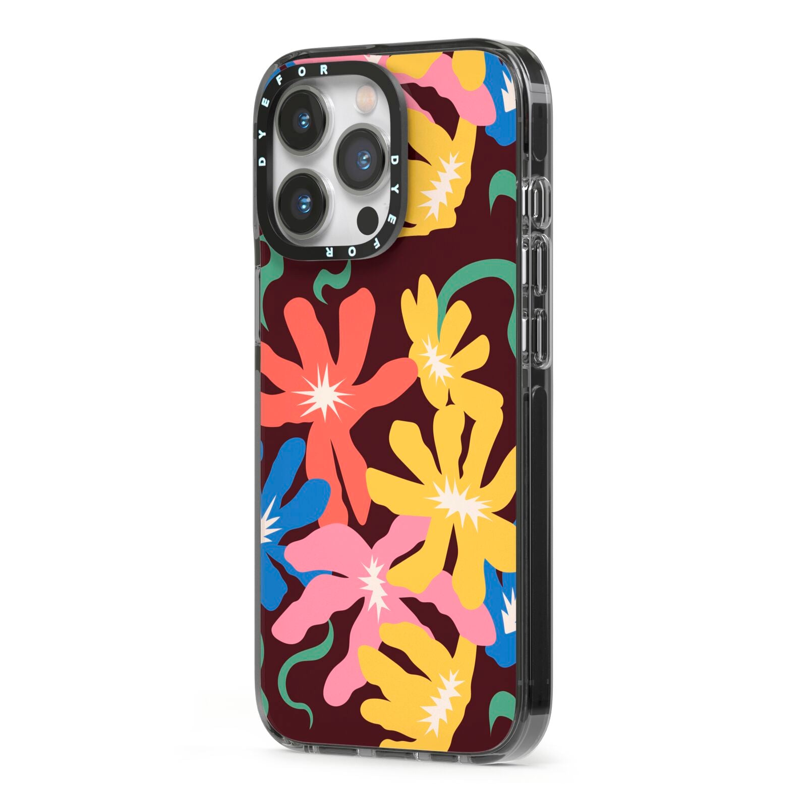 Abstract Flowers iPhone 13 Pro Black Impact Case Side Angle on Silver phone