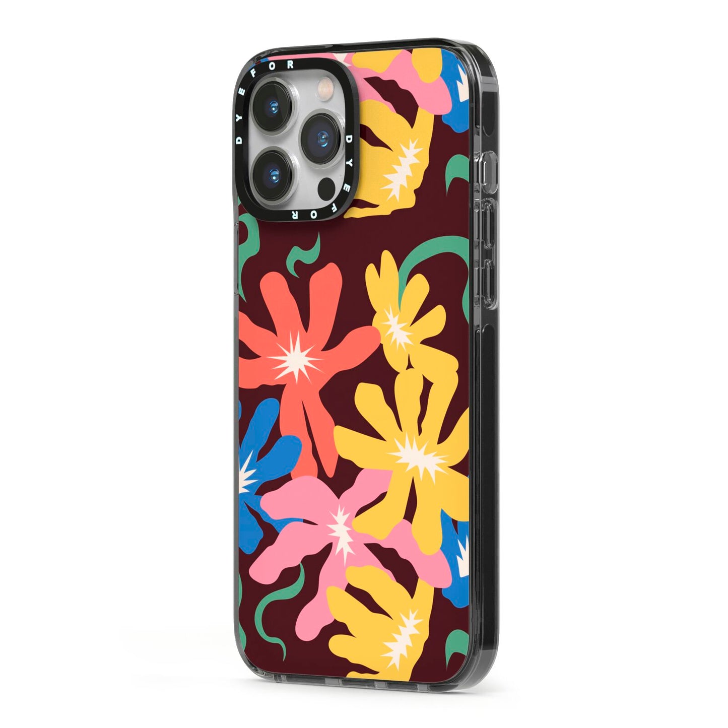 Abstract Flowers iPhone 13 Pro Max Black Impact Case Side Angle on Silver phone