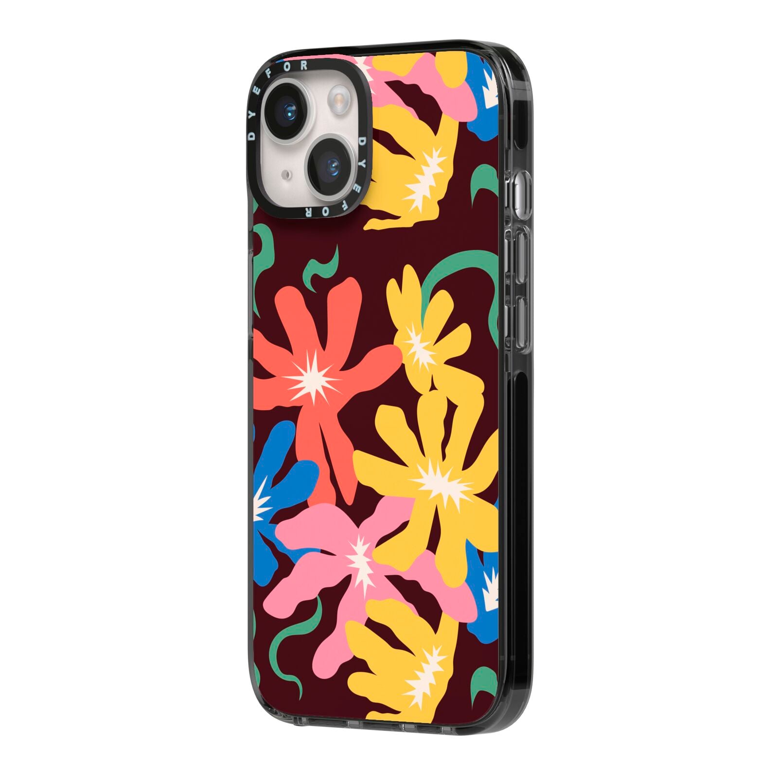 Abstract Flowers iPhone 14 Black Impact Case Side Angle on Silver phone