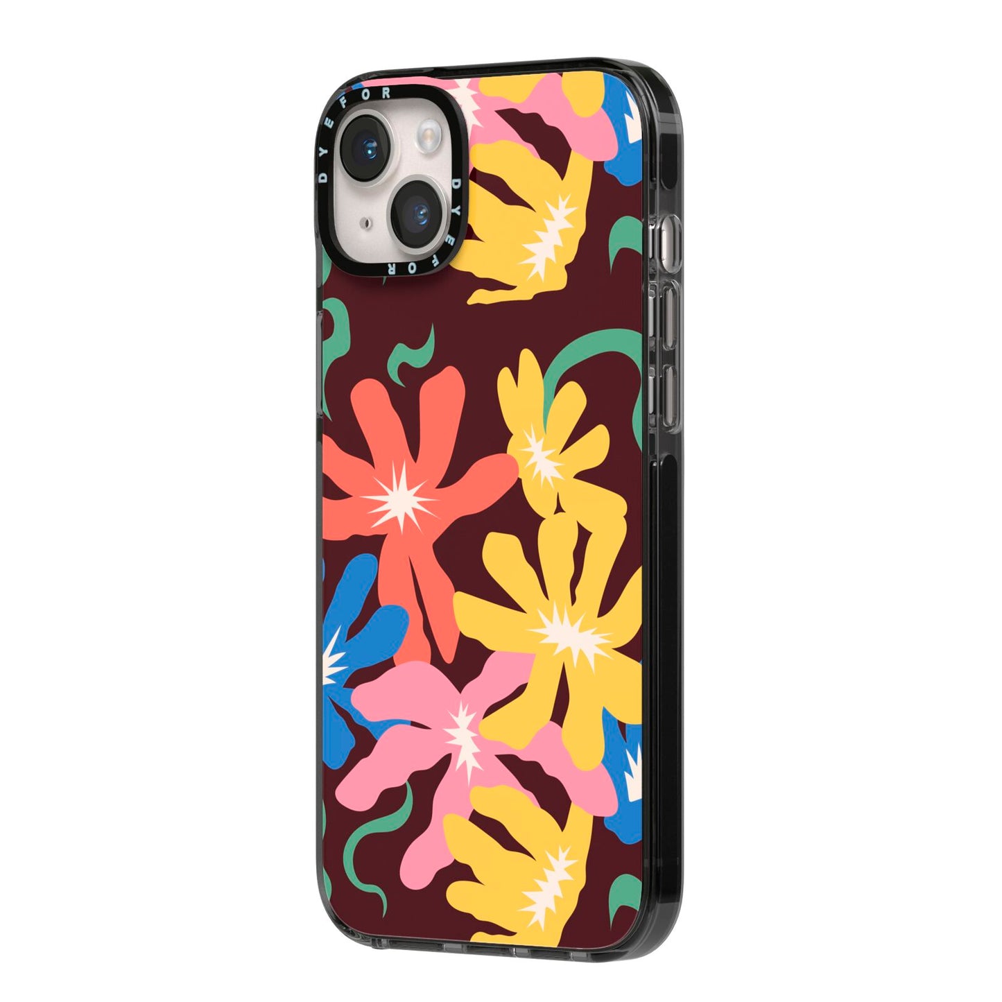 Abstract Flowers iPhone 14 Plus Black Impact Case Side Angle on Silver phone
