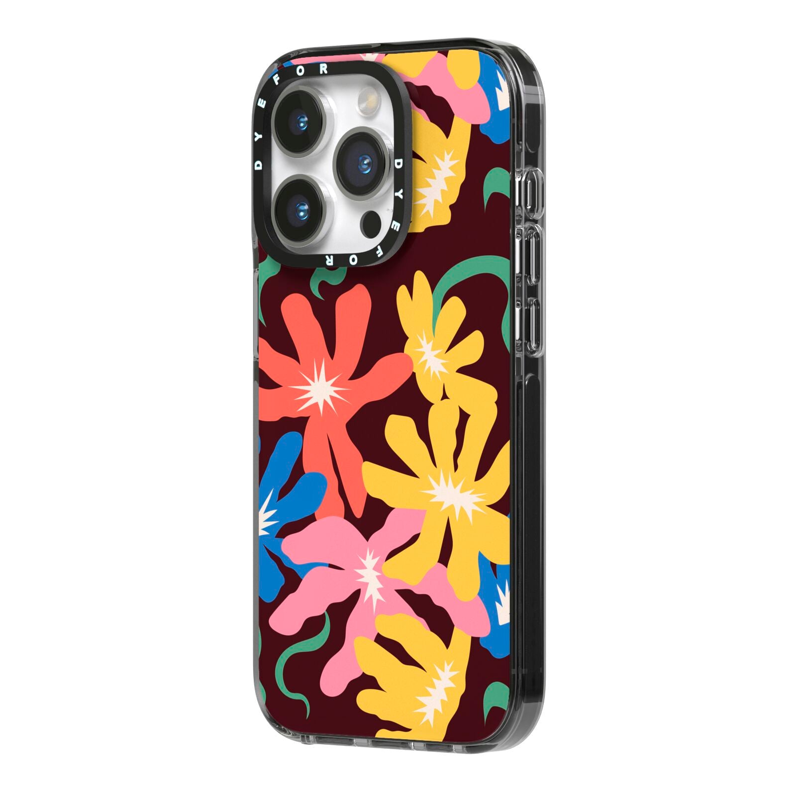 Abstract Flowers iPhone 14 Pro Black Impact Case Side Angle on Silver phone
