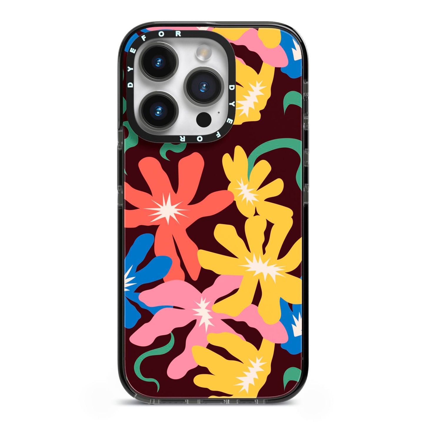 Abstract Flowers iPhone 14 Pro Black Impact Case on Silver phone