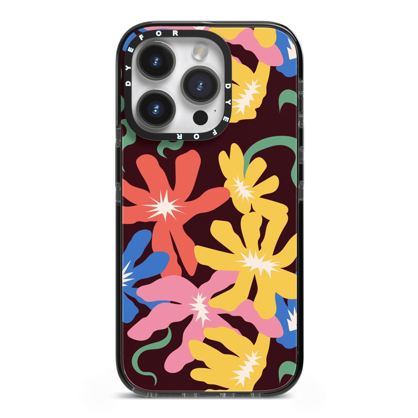 Abstract Flowers iPhone 14 Pro Black Impact Case on Silver phone