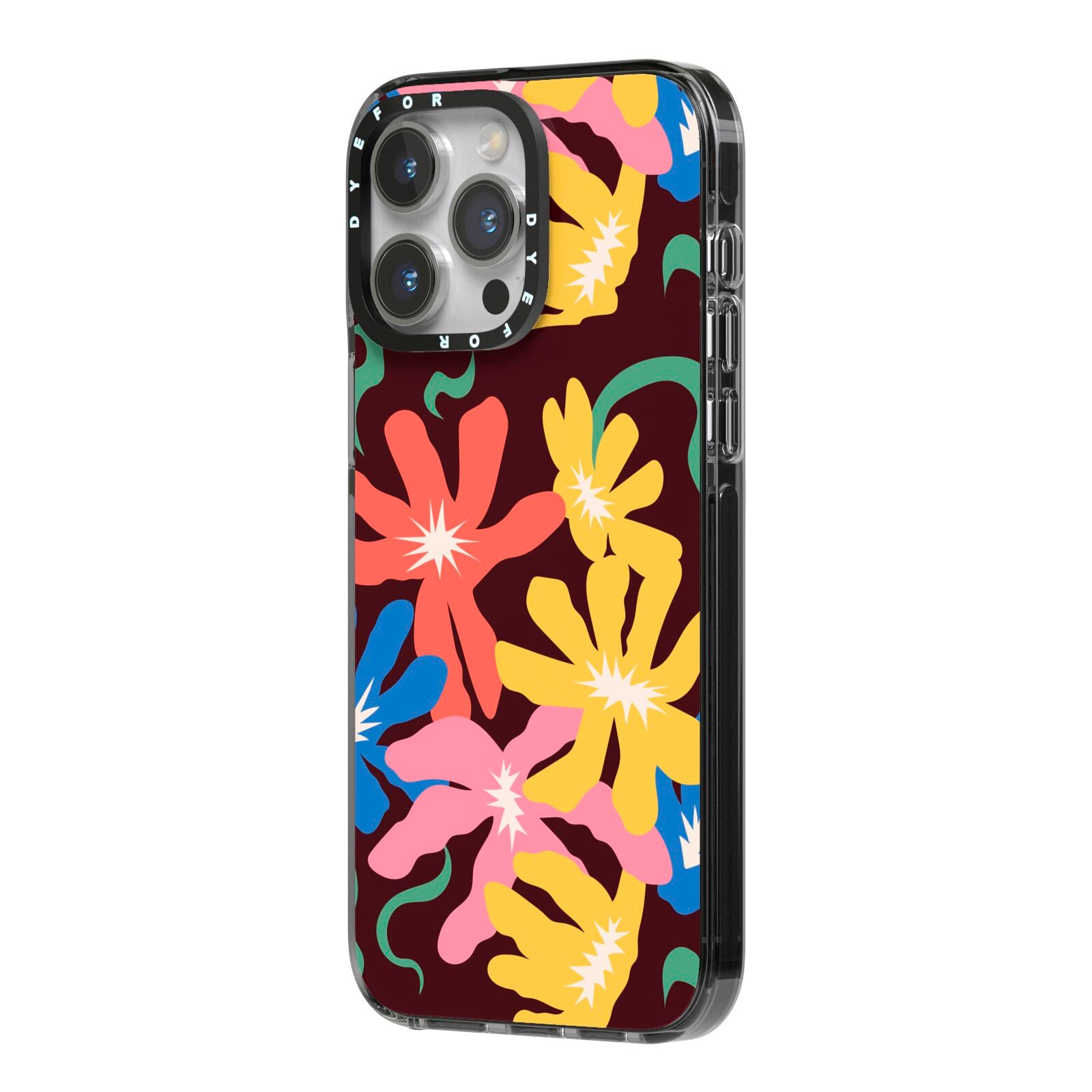 Abstract Flowers iPhone 14 Pro Max Black Impact Case Side Angle on Silver phone